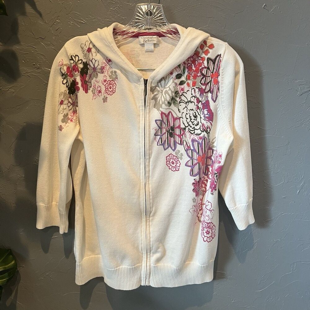 Vtg Christopher & Banks Floral Zip Up Hoodie Sweater Large Cottagecore Boho